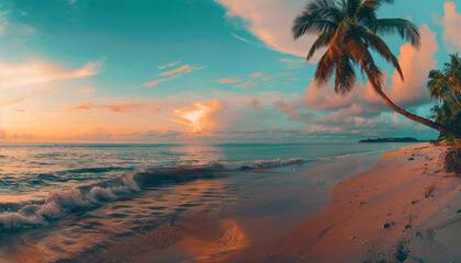 Palm trees and waves under a colorful sky at dusk.
