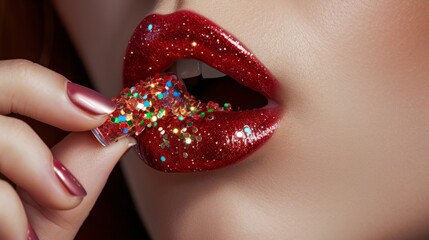 Woman lips with gloss capsule. generative ai