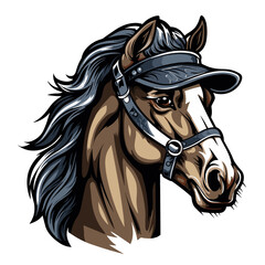 Horse head in a cap on a white background. Vector illustration