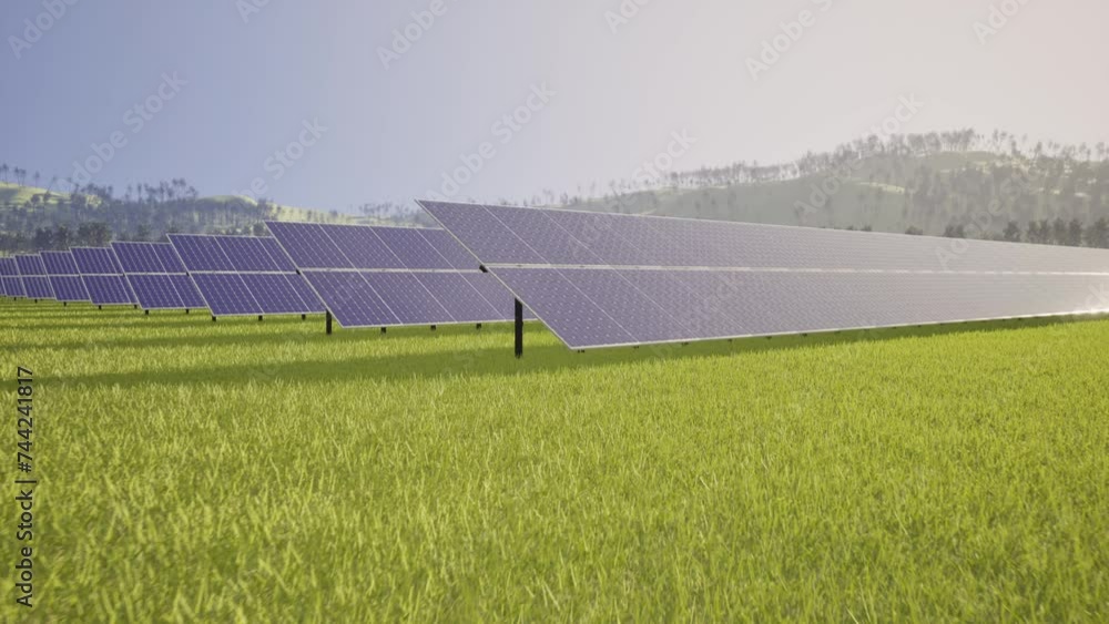 Poster a dolly in shot showing an vast array of solar panels