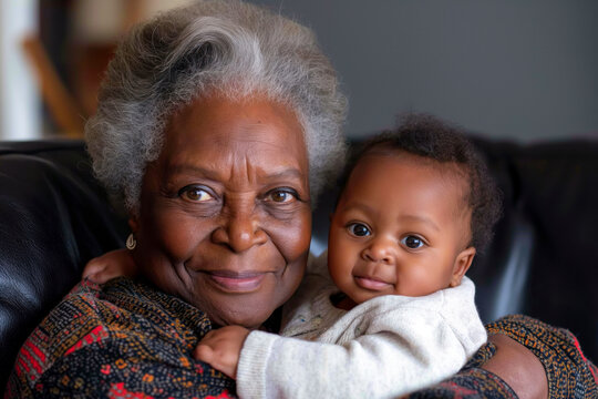 A Black elderly grandmother sharing a loving embrace with a young grandchild, depicting family affection