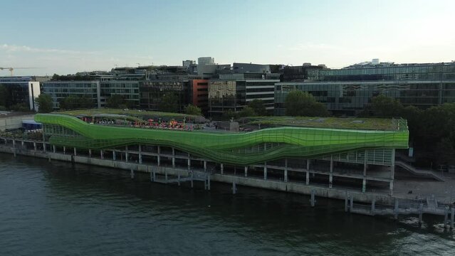 Cit&eacute; de la mode et du design or City of Fashion and Design, Quai d'Austerlitz, Paris in France. Aerial circling and sky for copy space