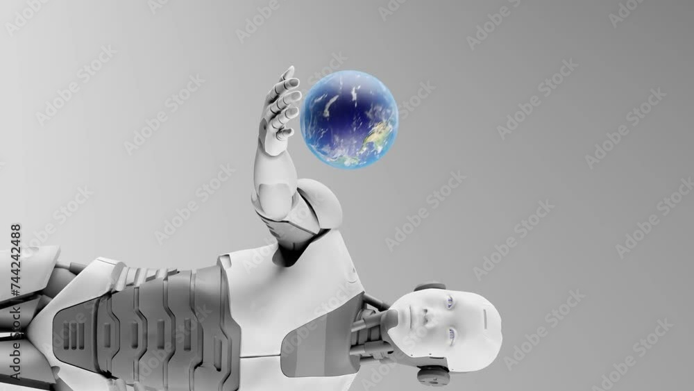 Poster vertical of humanoid robot holding planet earth globe in 3d rendering animation