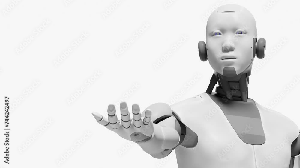 Poster robot prototype cyborg holding over palm hand empty space for advertise artificial intelligence taki
