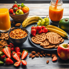 colorful breakfast with fruits on the table