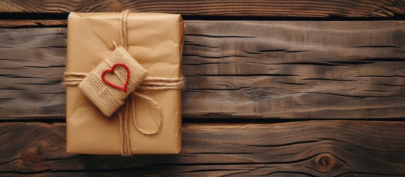 A carefully wrapped gift adorned with a heart-shaped image, placed on a rustic wooden surface.