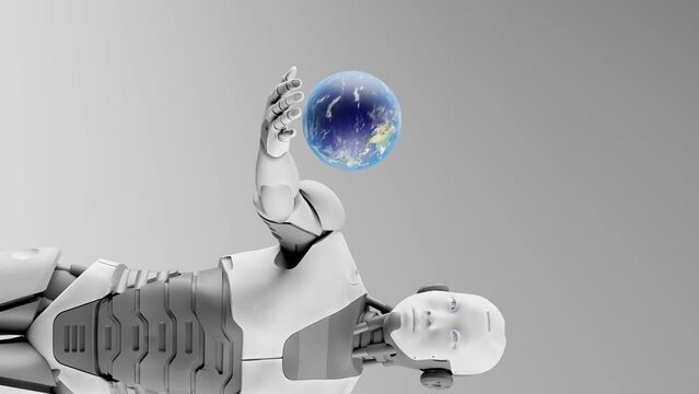 Vertical of humanoid robot holding planet earth globe in 3d rendering animation 