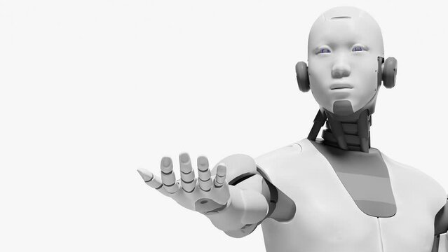 robot prototype cyborg holding over palm hand empty space for advertise artificial intelligence taking over concept 