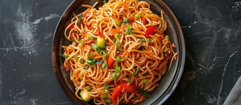 A top view of a plate featuring the popular Indo Chinese dish, Schezwan Noodles, made with a variety of vegetables.