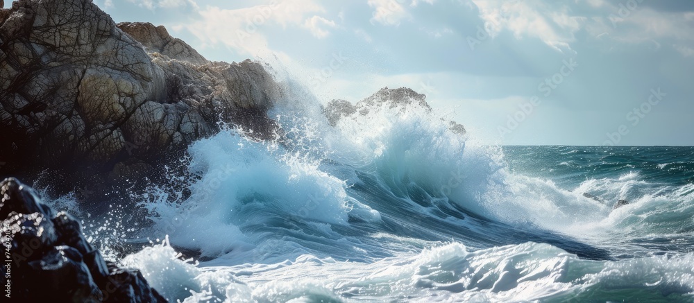 Aufkleber a furious wave crashes against a rocky cliff, creating a mesmerizing display of foaming and splashin