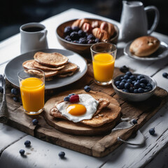 rustic breakfast on the wooden board on the table