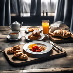 rustic breakfast on the wooden board on the table