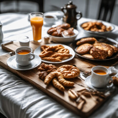 Within the atmospheric depths of a ship cabin, shrouded in smoke and dim light, a breakfast awaits. Warm croissants, steaming coffee, and fresh fruit beckon from a rustic wooden table. Soft, vintage l