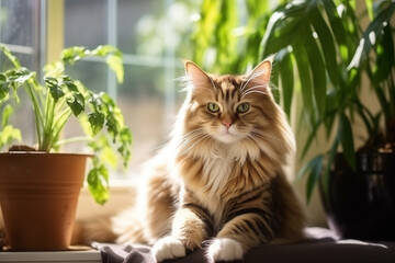 Cute cat in home interior, big windows, home green plants, living room background