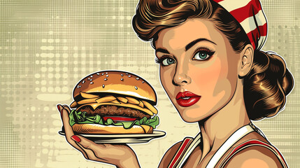 1950's retro fast food waitress Comic book cartoon pop art  illustration