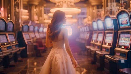 Woman Standing in Front of Row of Slot Machines Generative AI