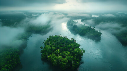 Amazonian small sister rivers and humid clouds above the forest
