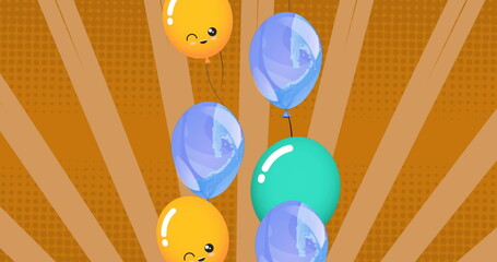 Image of colorful balloons flying over yellow background