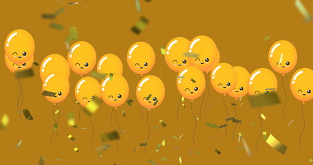 Image of gold balloons flying and confetti falling over gold background