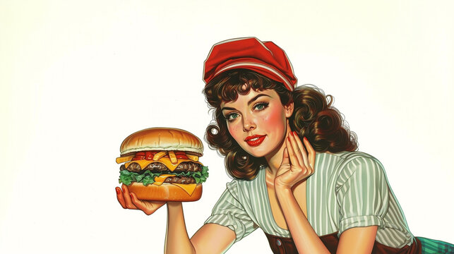 1950's retro fast food waitress Comic book cartoon pop art  illustration