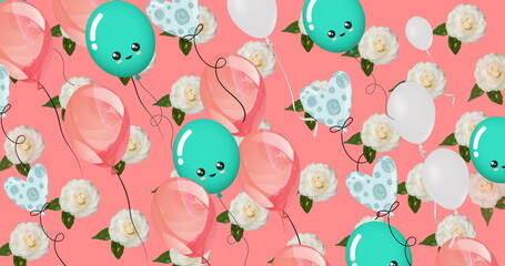 Image of colorful balloons flying and roses over pink background