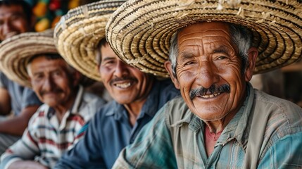 Group of Mexican men in giant sombrero hats are smiling to camera - obrazy, fototapety, plakaty
