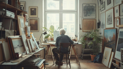 Old man artist illustrator is working in his studio by the window