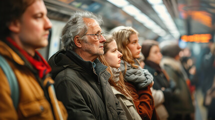 Group of people waiting a trait at tube platform, commuting and city transportation concept