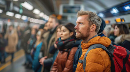 Group of people waiting a trait at tube platform, commuting and city transportation concept