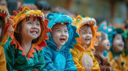 Adorable little kids in animal's costumes are watching performance, smiling and emotionally responding to show