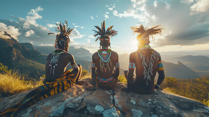 Tree Young Indigenous African tribe men are sitting on a big stone with beautiful epic nature landscape at background, watching sunset - obrazy, fototapety, plakaty