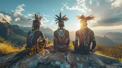 Foto op Canvas Tree Young Indigenous African tribe men are sitting on a big stone with beautiful epic nature landscape at background, watching sunset © IRStone