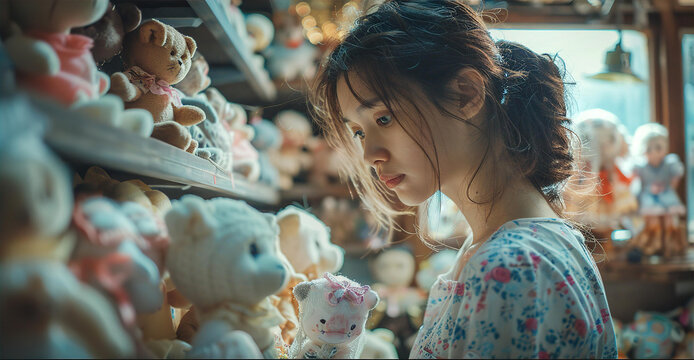 Portrait of woman making soft toys in her studio, lots of toys are sitting on shelves, business and hobby concept 