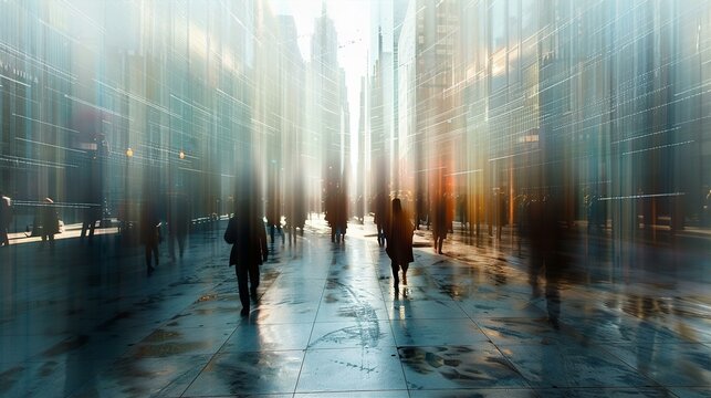 Beautiful motion blur image of people walking in City between skyscrapers 
