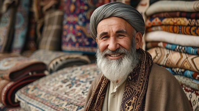 Iranian carpet shop owner portrait with lots of carpets  in piles at the background, friendly smiling and inviting to come inside
