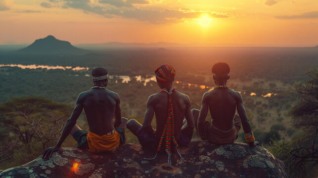 Tree Young Indigenous African tribe men are sitting on a big stone with beautiful epic nature landscape at background, watching sunset