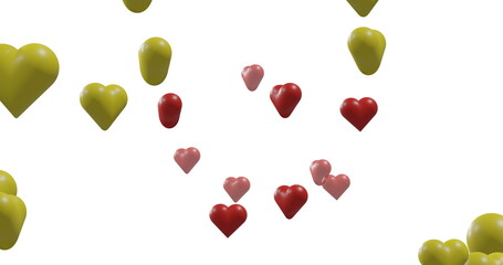 Image of colorful hearts moving on white background