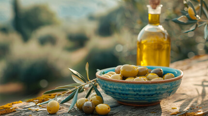 Table olives in light blue clay bowl with virgin olive oil in bottle and olive grove  background