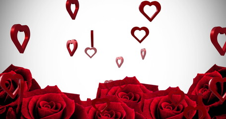Image of gold hearts over roses on white background