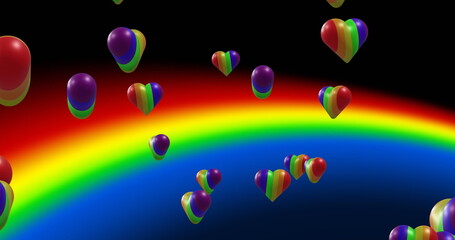 Image of rainbow hearts moving over rainbow on black background