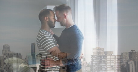 Image of cityscape over diverse male couple embracing
