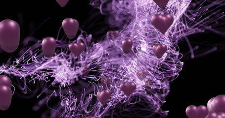 Image of purple hearts over light trails on black background