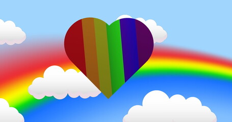 Image of rainbow heart over rainbow and sky with clouds