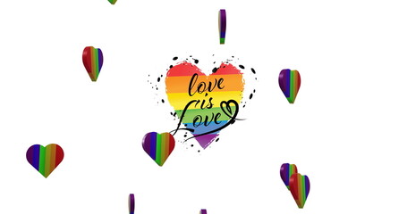 Image of rainbow hearts over love is love text on white background