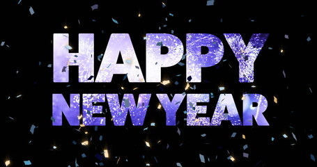 Image of happy new year text and confetti on black background