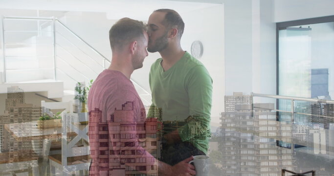 Image of cityscape over diverse male couple embracing