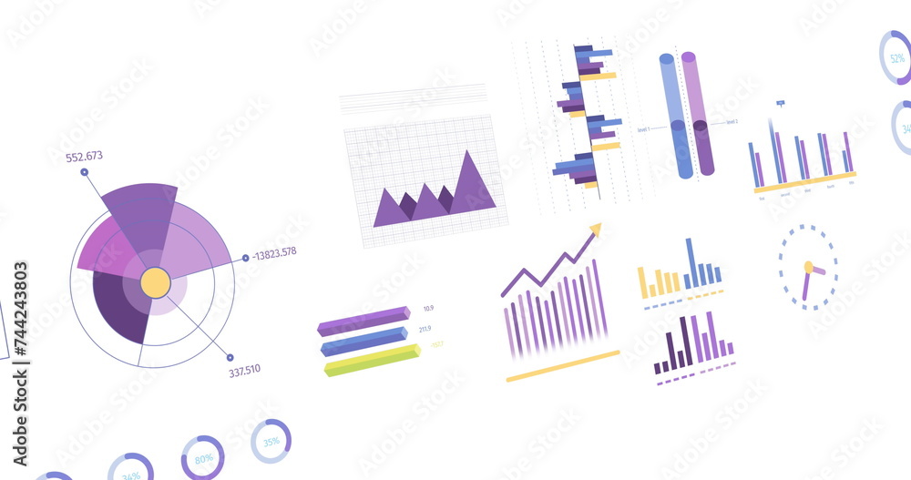 Poster image of statistics, graphs and financial data processing over white background