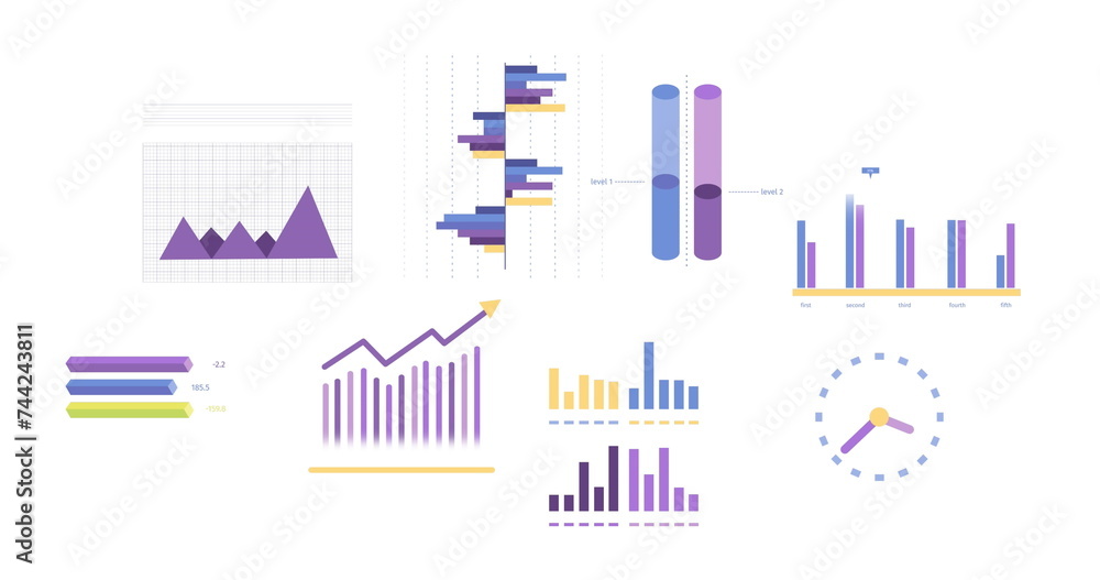 Poster image of statistics, graphs and financial data processing over white background