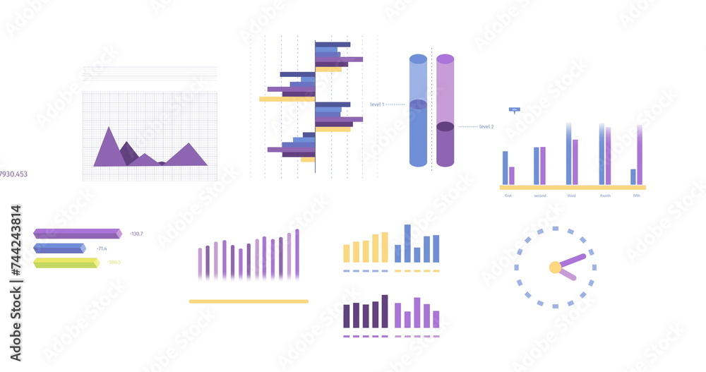 Poster image of statistics and financial data processing over white background