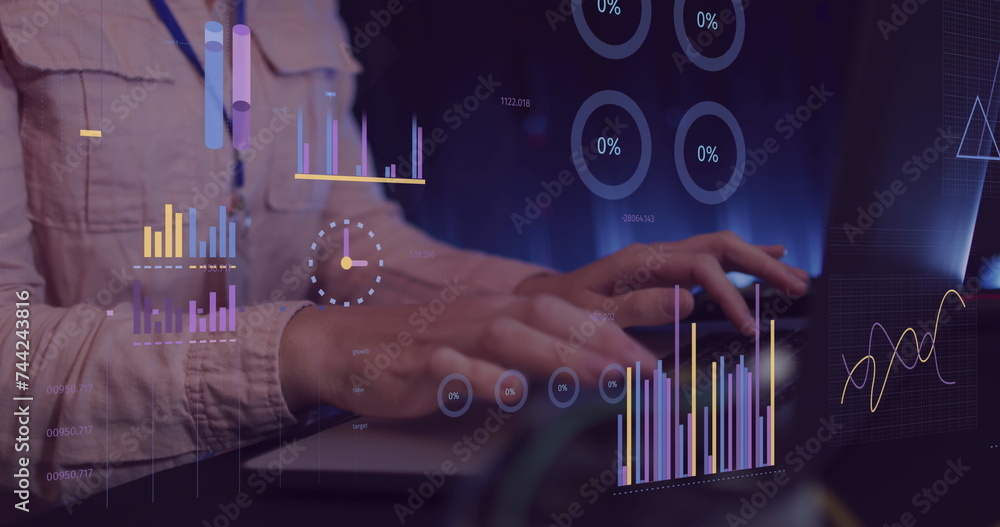Poster image of financial data processing over businesswoman using computer